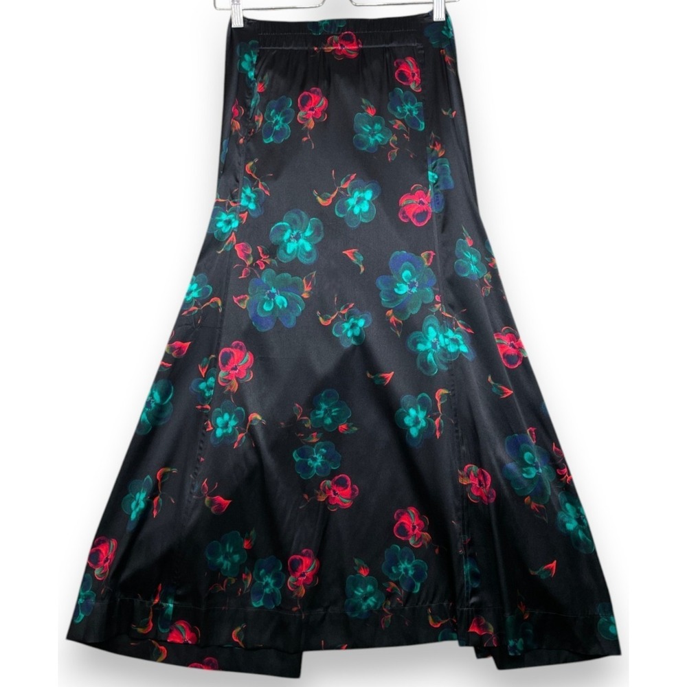 Ganni Tie-Waist Floral Silk Stretch Satin Midi Skirt Black 34 US XS 2 - Picture 3 of 12